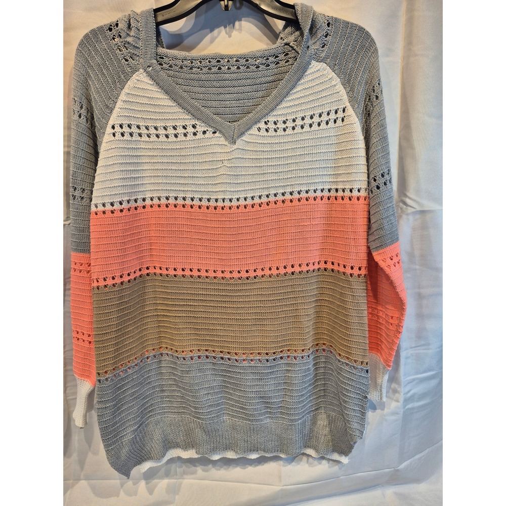 Vestidos Womens Striped Pointelle Knit Hoodie V-Neck Colorblock Sweater‎ Grey M
